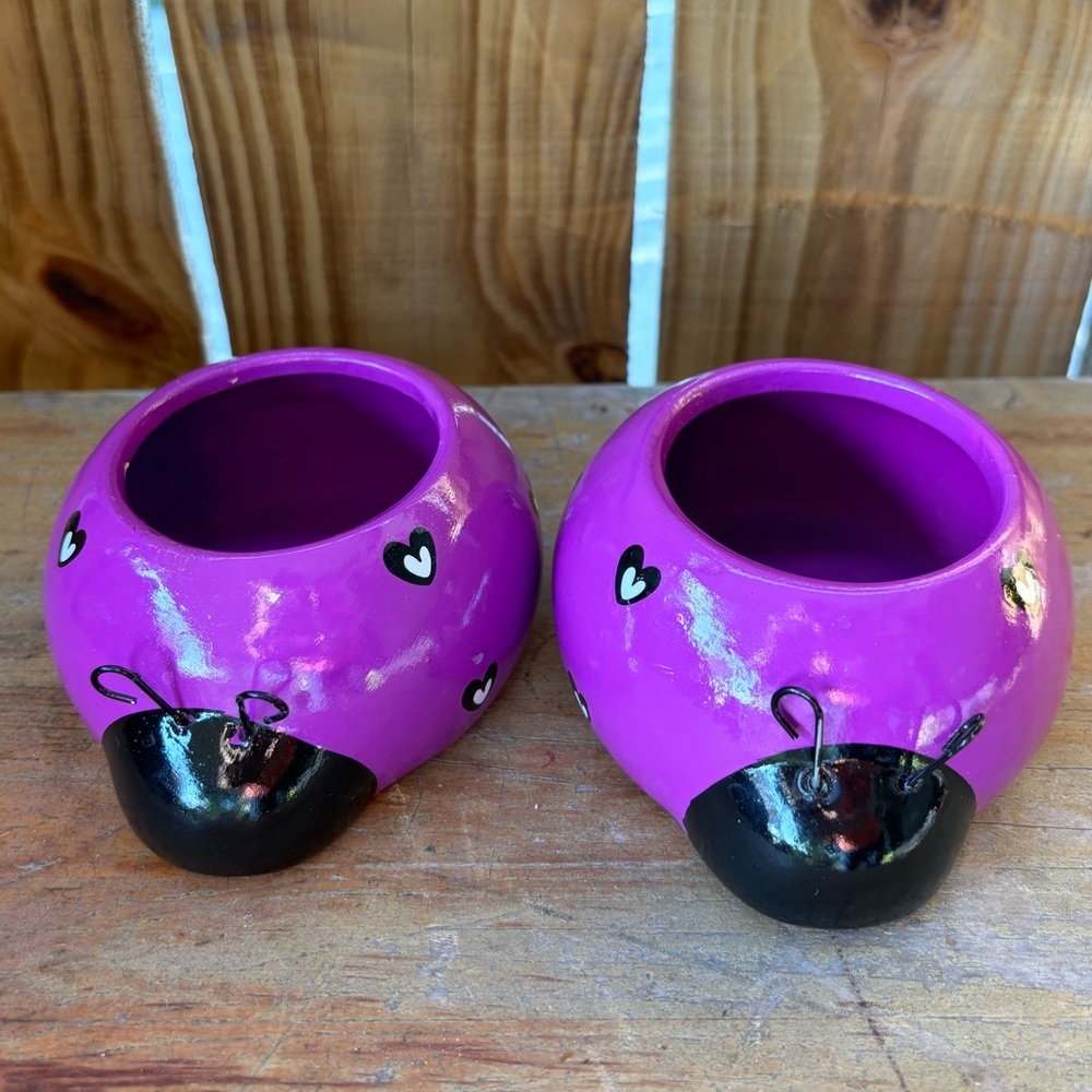 2 Rocket Farms Lovebugs Ladybugs Mini Planters Purple with White & Black Hearts